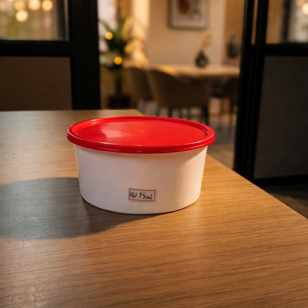 Round Container  750 ML   Milky  + Red lid Flat