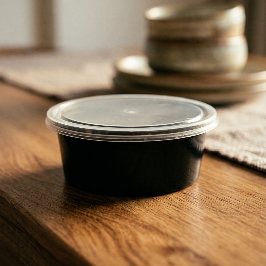 Round Container  250 ML   Black  + Transperent lid  Flat
