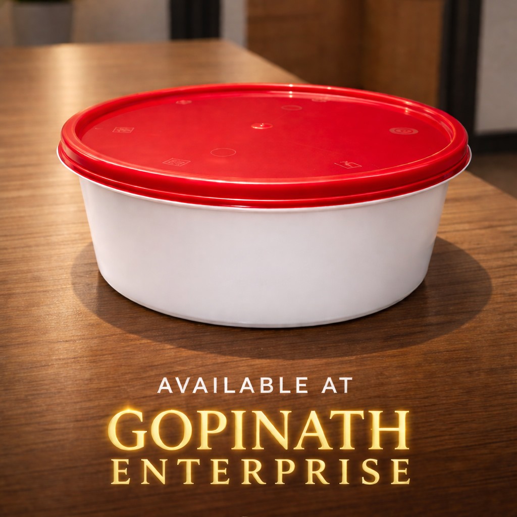 Round Container  600 ML   Milky  + Red lid Flat