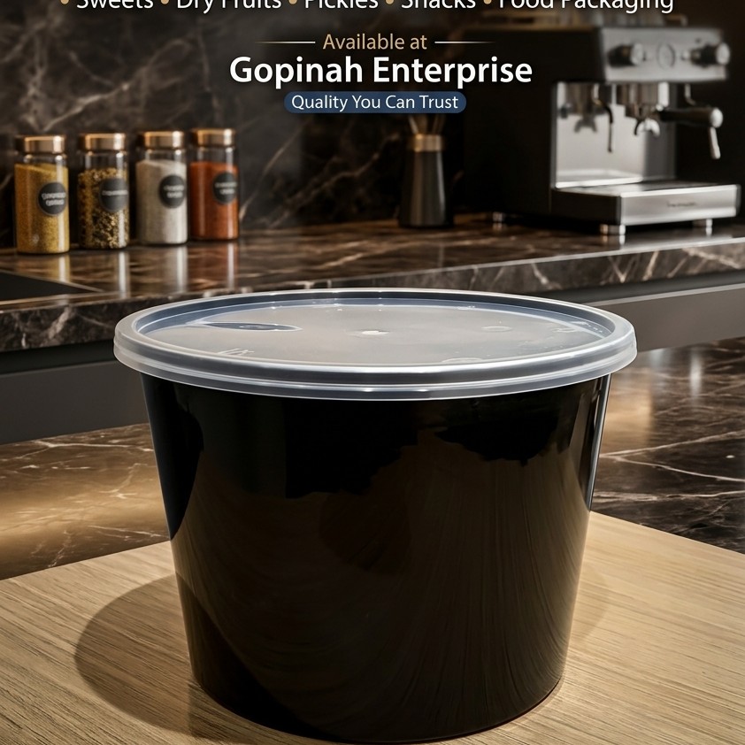 Round Container  1200 ML   Black  + Transperent lid Flat