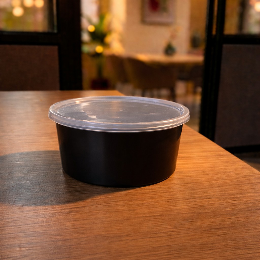 Round Container  750 ML   Black  + Transperent lid Flat
