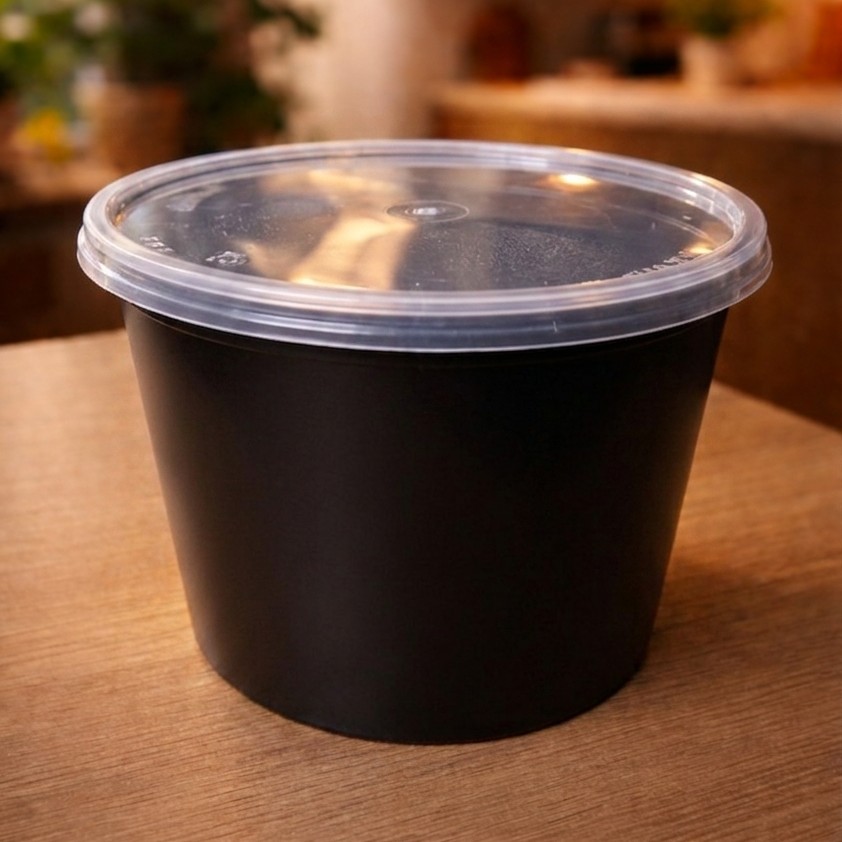 Round Container  700 ML   Black  + Transperent lid