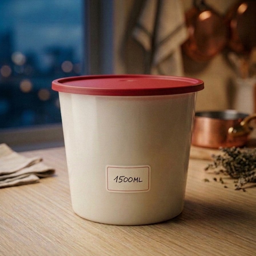 Round Container  1500 ML   Milky  + Red lid Flat