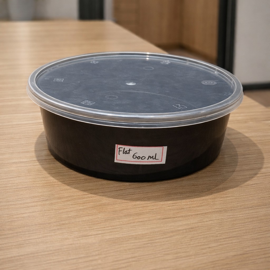Round Container  600 ML   Black  + Transperent lid Flat