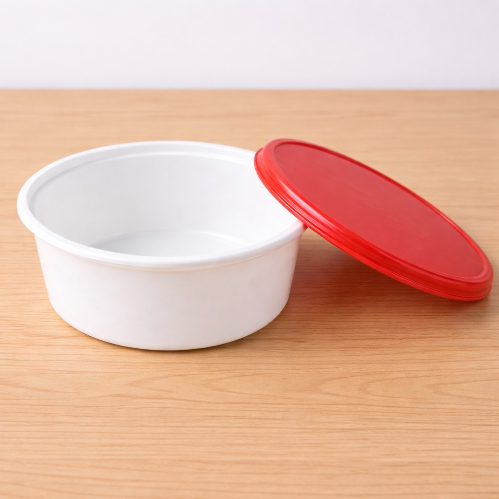 Round Container  300 ML   Milky  + Red lid  full