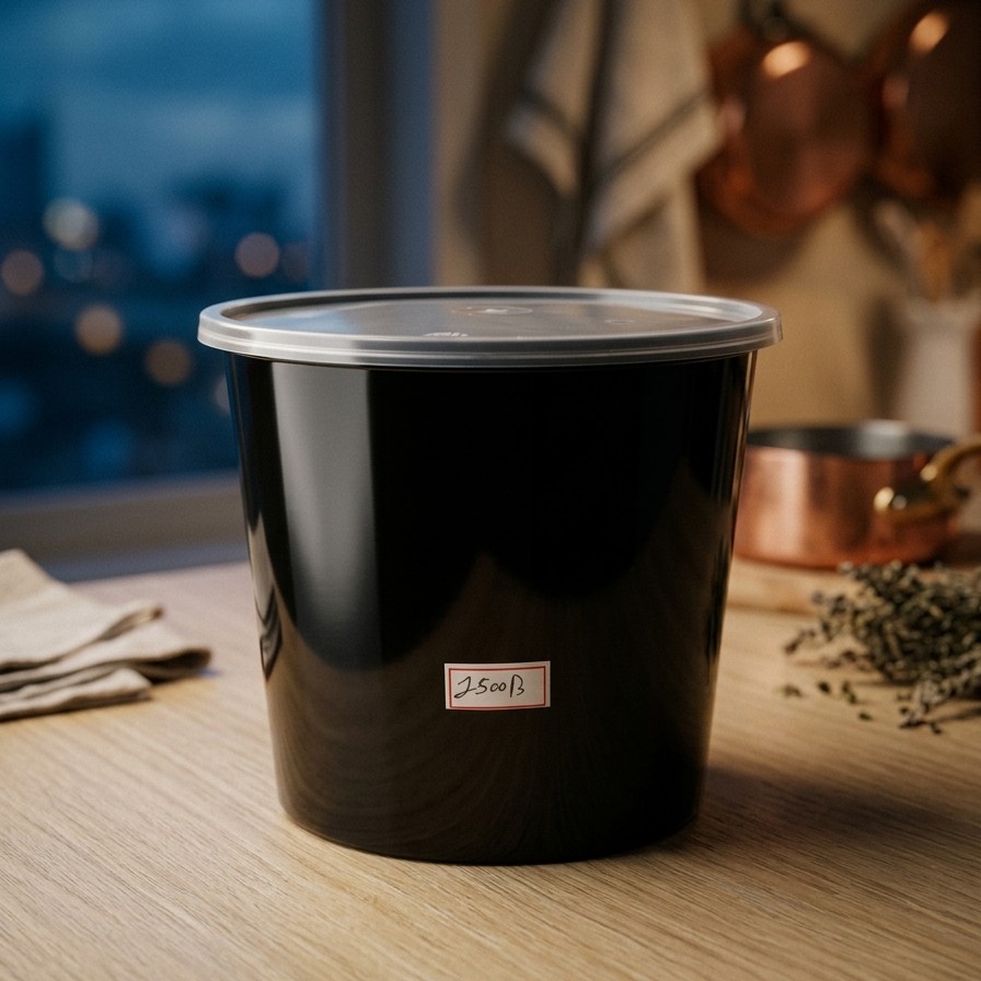 Round Container  1500 ML   Black  + Transperent lid Flat