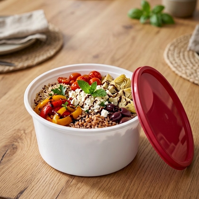 Round Container  400 ML   Milky  + Red lid