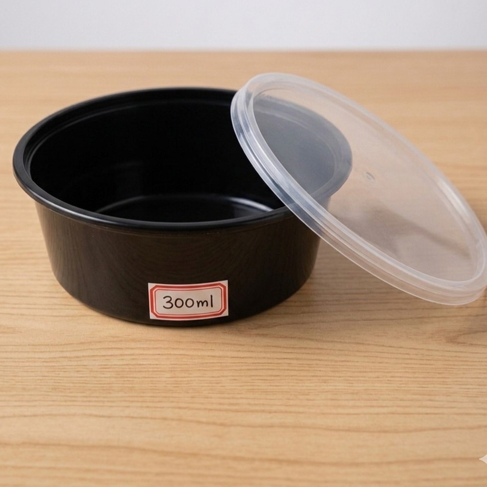 Round Container  300 ML   Black  + Transperent lid  cut