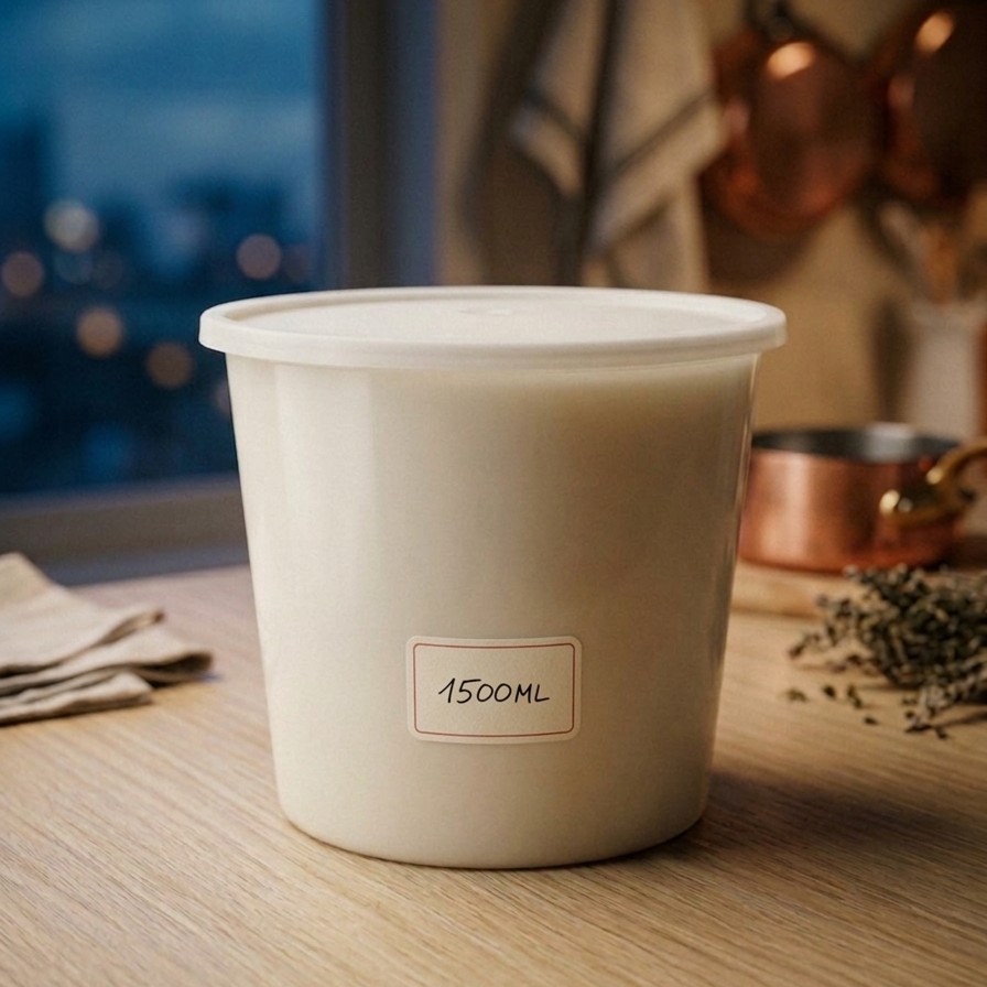 Round Container  1500 ML   Milky  + Milky lid Flat