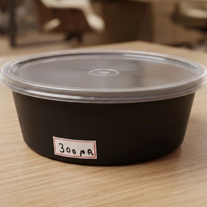 Round Container  300 ML   Black  + Transperent lid  full