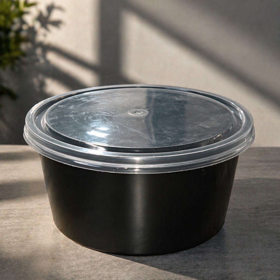 Round Container  500 ML   Black  + Transperent lid