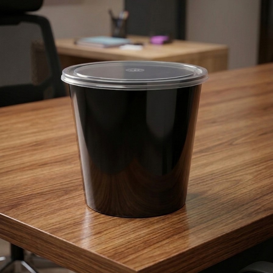 Round Container  1000 ML   Black  + Transperent lid Flat